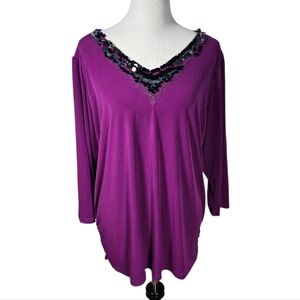 Bob Mackie 1X Purple With Black Silver Clear Embellishment V-Neck Blouse NWT